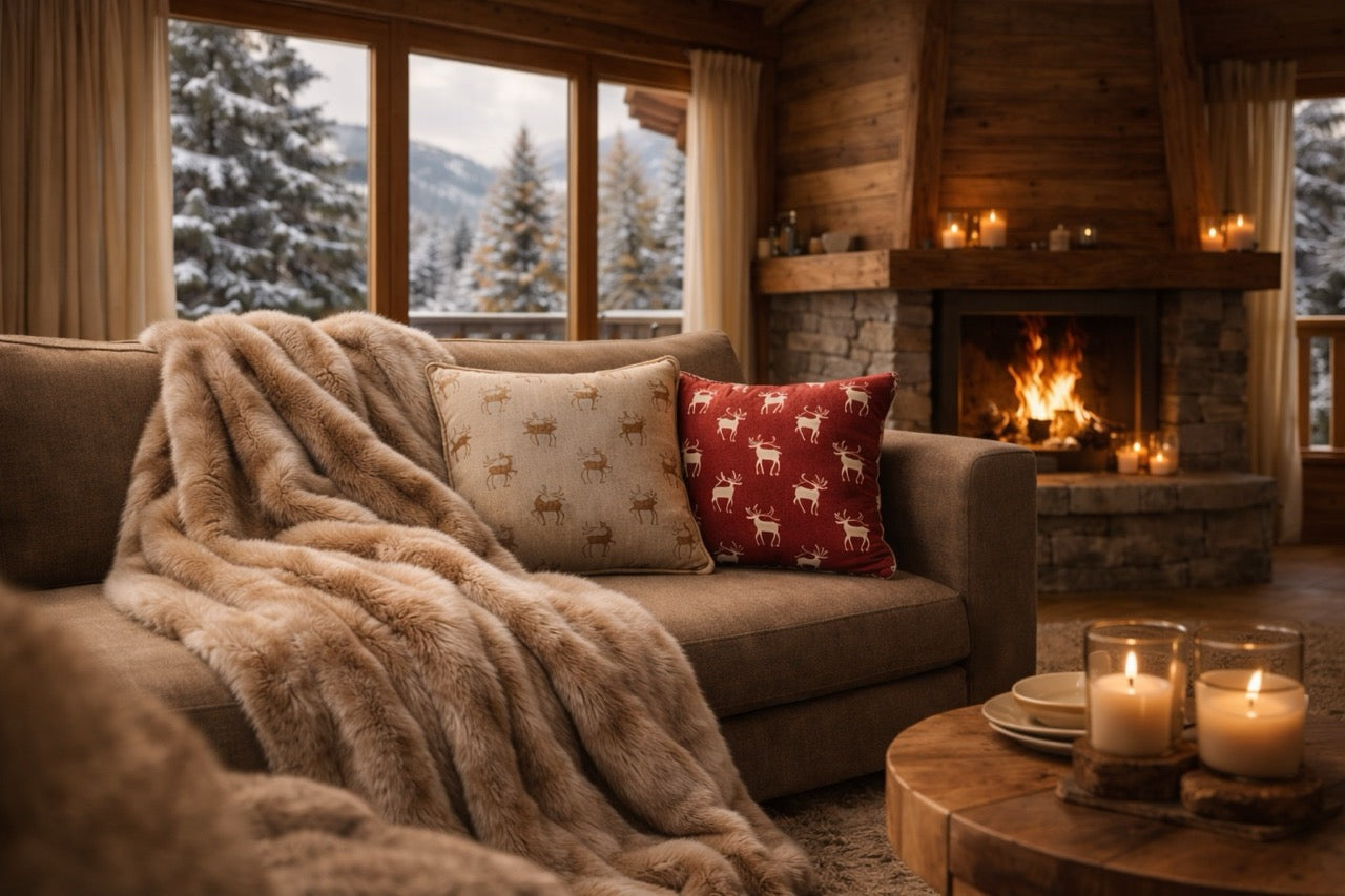 Martin Gabriel gemütliches Chalet-Wohnzimmer mit Sofa, Kunstfelldecke und Kissen vor Kamin und Bergblick 