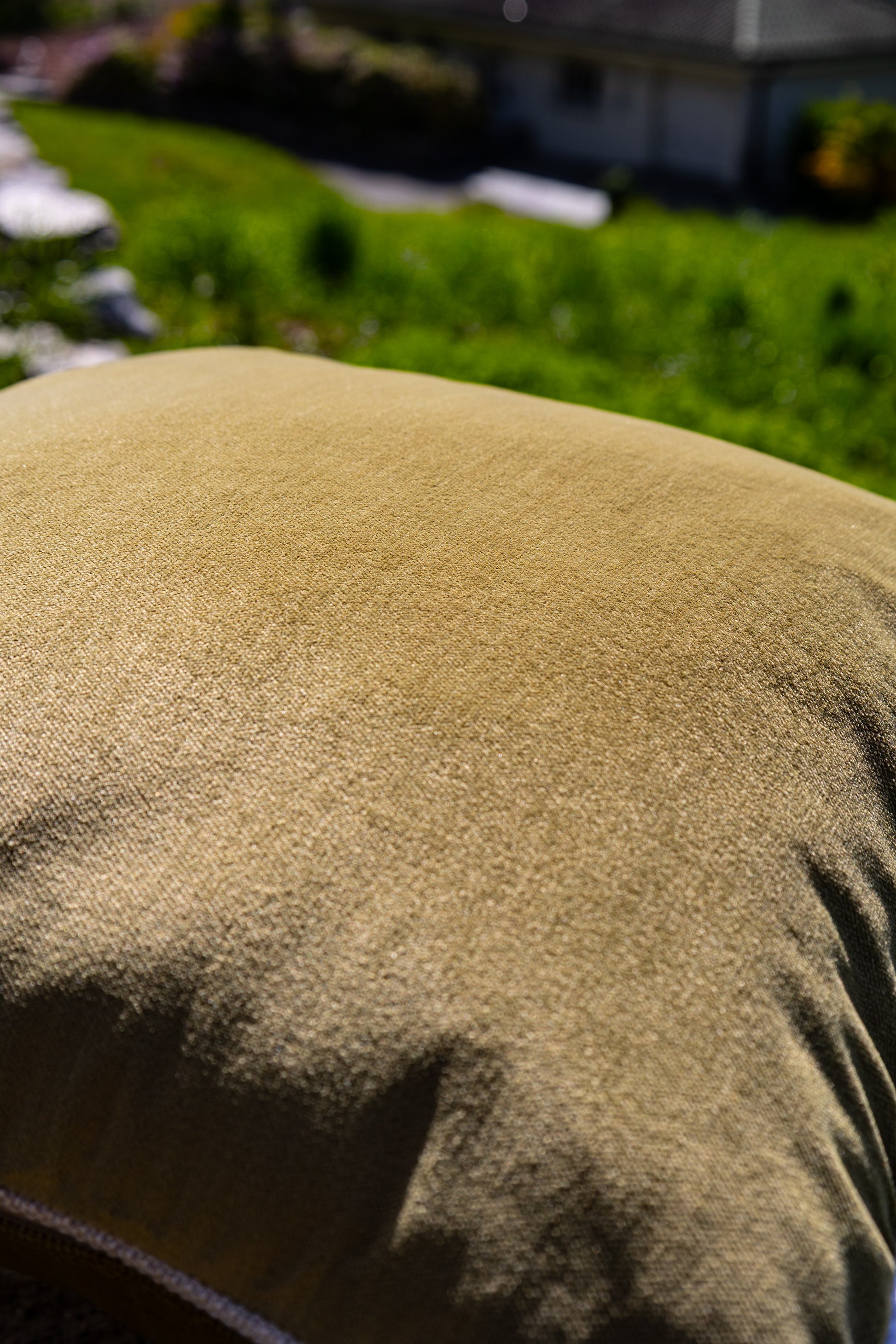 Outdoor Kissen nahaufnahme grün olive velour auf wiese 