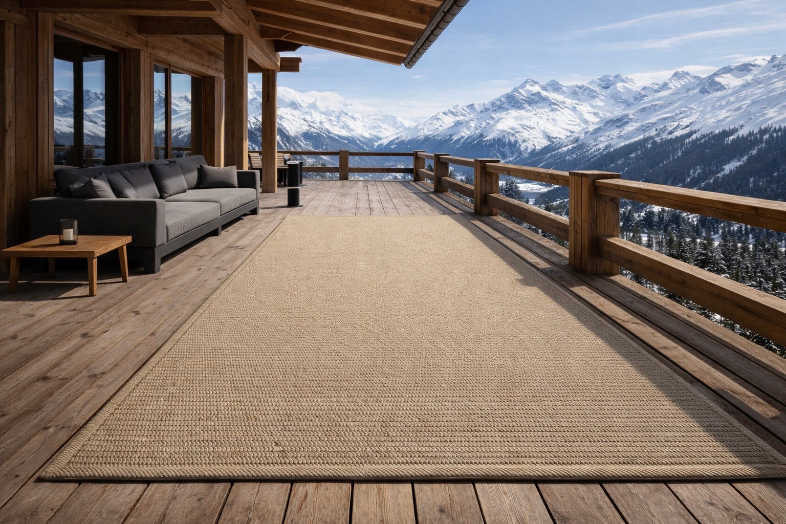 Outdoor Teppich auf einer grossen Terrasse in einem Chalet in den Bergen 