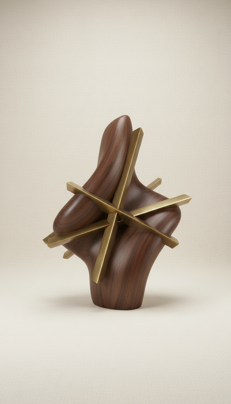 Tischskulptur aus Nussbaum und Messing