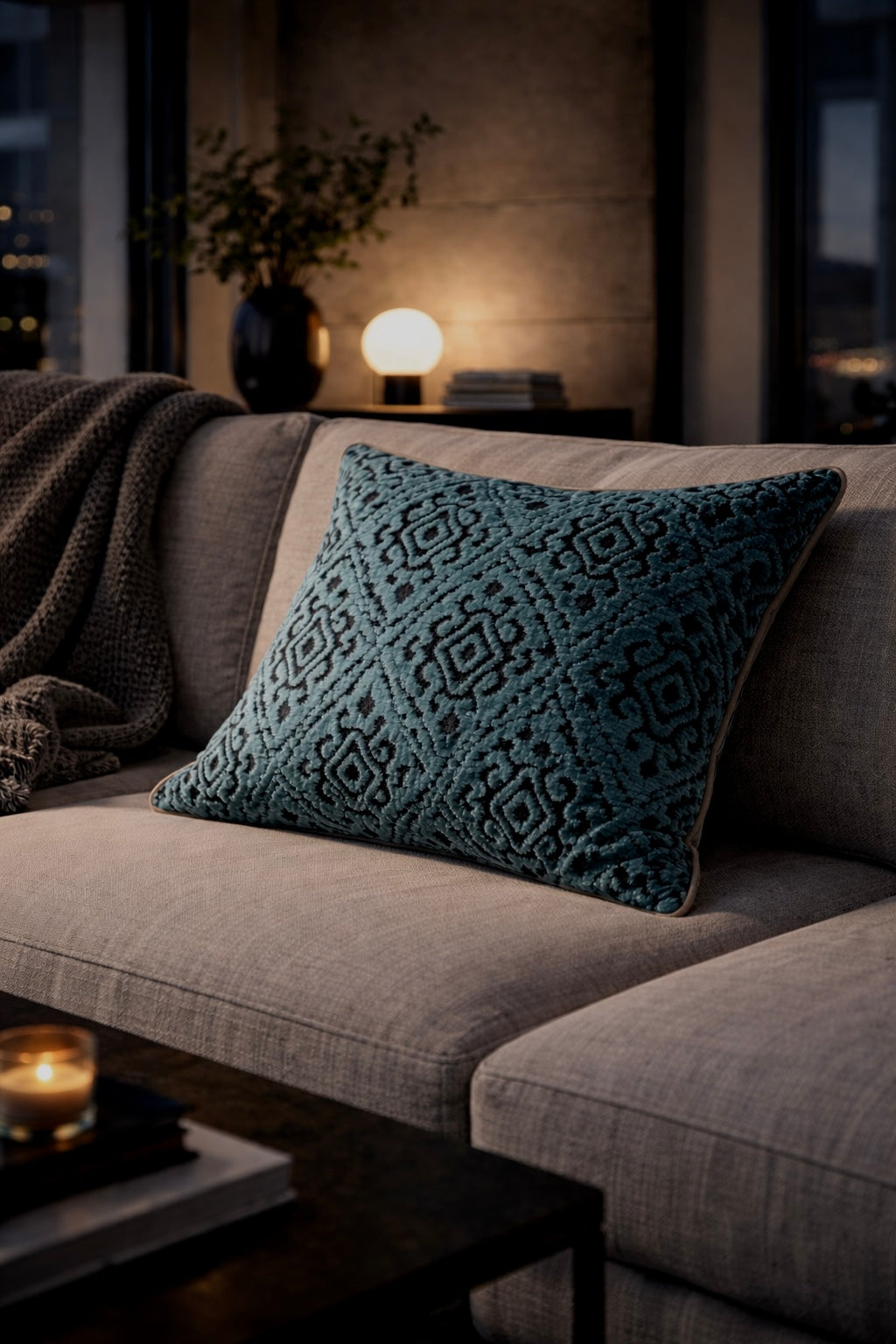 Martin Gabriel Dekokissen modell ornament in hellblau velour auf sofa in abendstimmung 