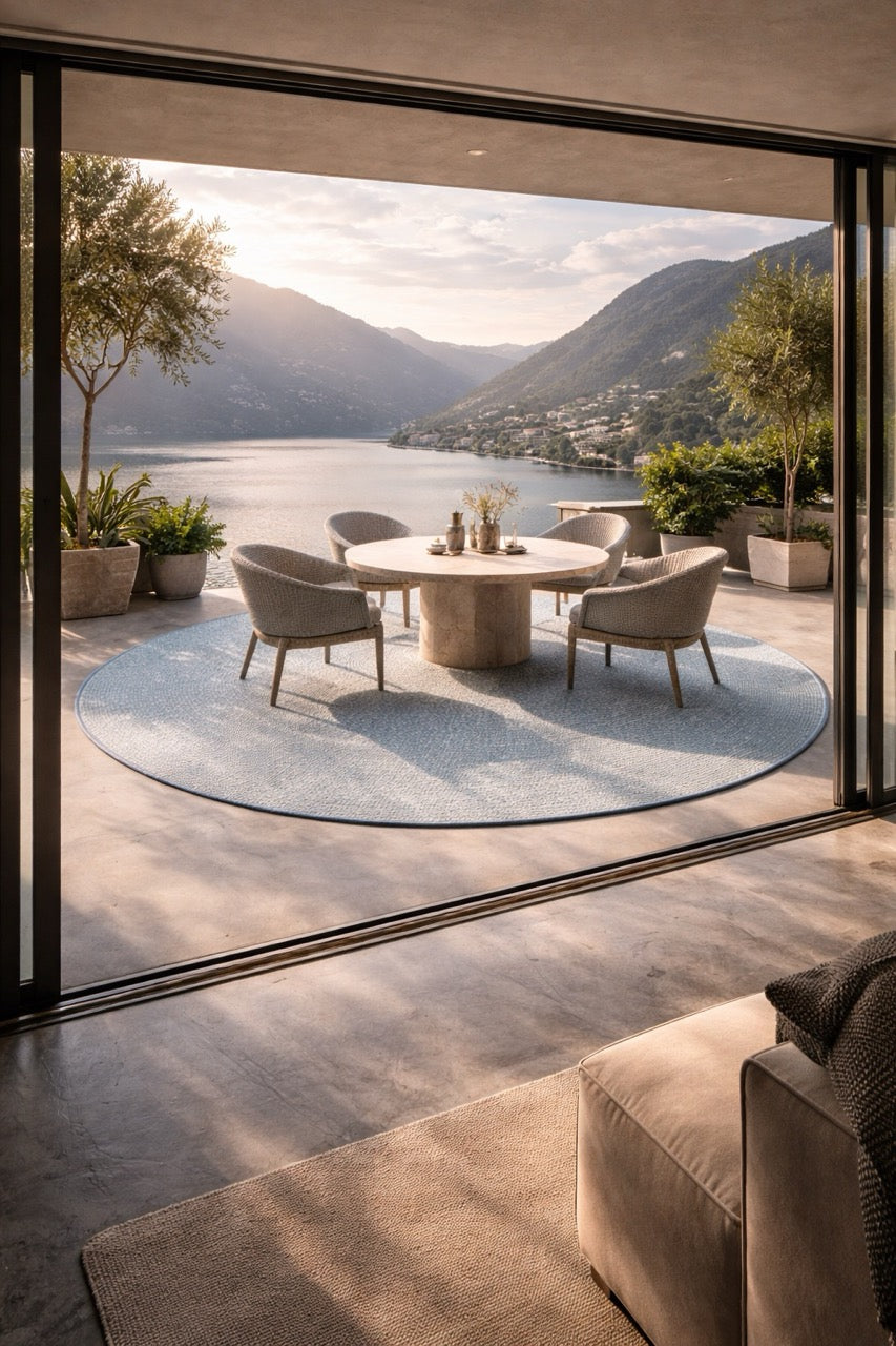 MARTIN GABRIEL outdoor Teppich Rund in hellblau auf terrasse mit seblick und einem runden tisch