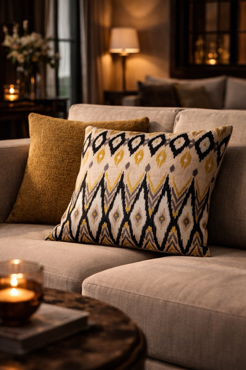 Martin Gabriel Designkissen ikato mit beticktem leinen in Karo muster ikat beige geld weiss und schwarz auf sofa mit gelben kissen in nachmittgsstimmung 