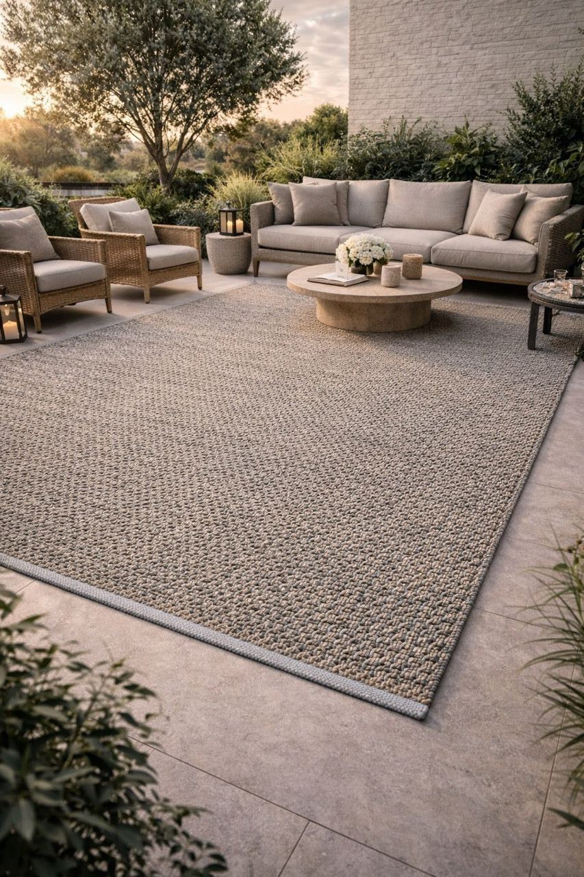 Outdoor Teppich Martin Gabriel in taupe mit blauen dünnen streifen auf terrasse und möbeln 