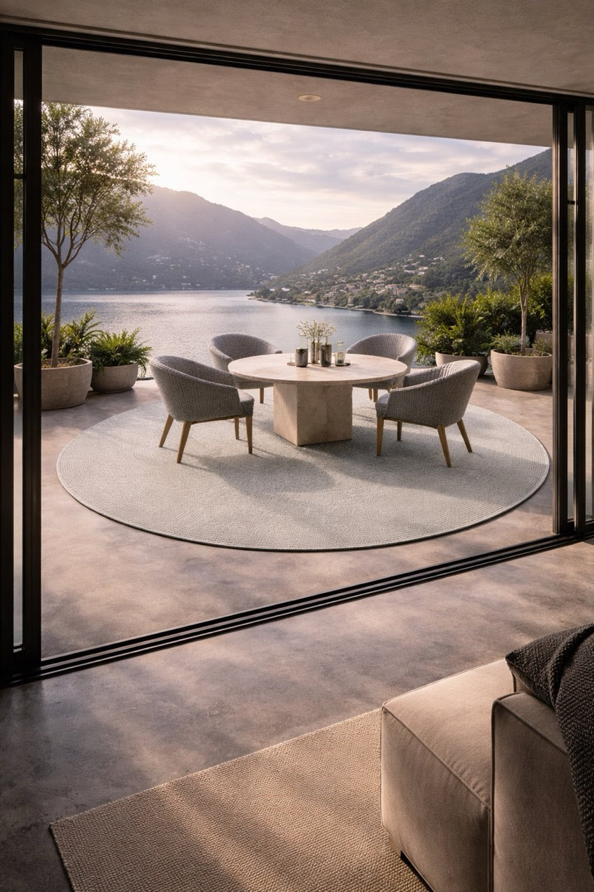 Outdoor teppich rund silber grau mit runden tisch und stühlen und seeblick auf terrasse 