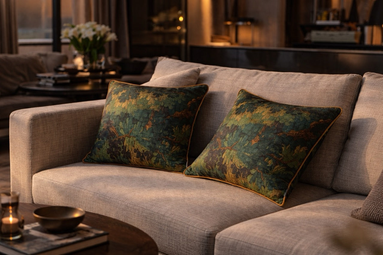 Martin Gabriel Designkissen Schwarzwald mit Waldmotiv in goldgrünen farben auf sofa in beige in einem wohnzimmer 