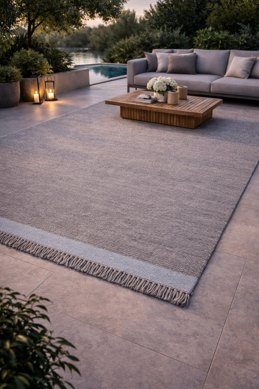 Outdoor Teppich auf terrasse mit fransen in grau mit hellblauem streifen als bordüre 