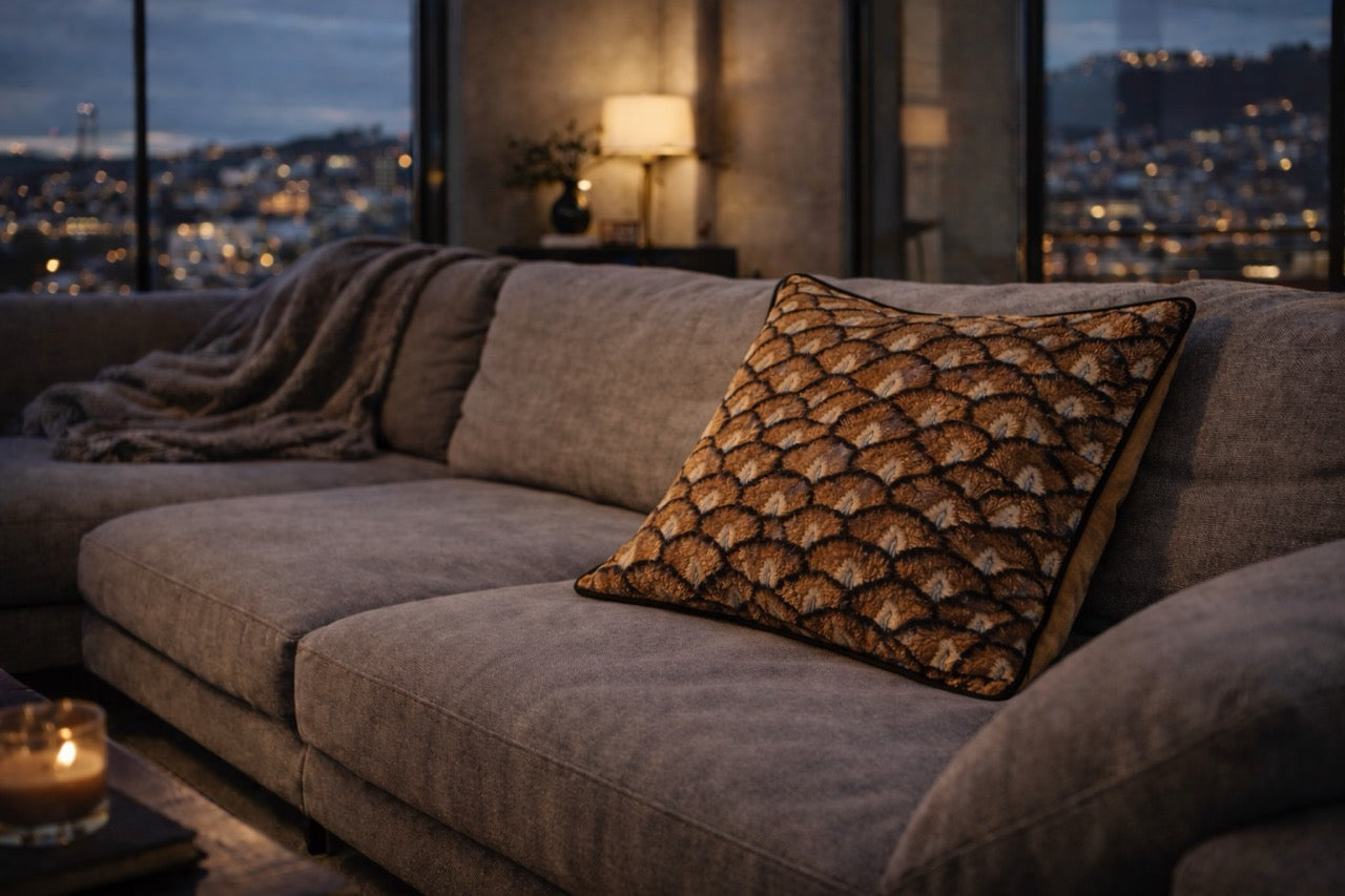 Martin Gabriel Dekokissen modell Pluma , ambiencfoto auf sofa mit struktur in braun 