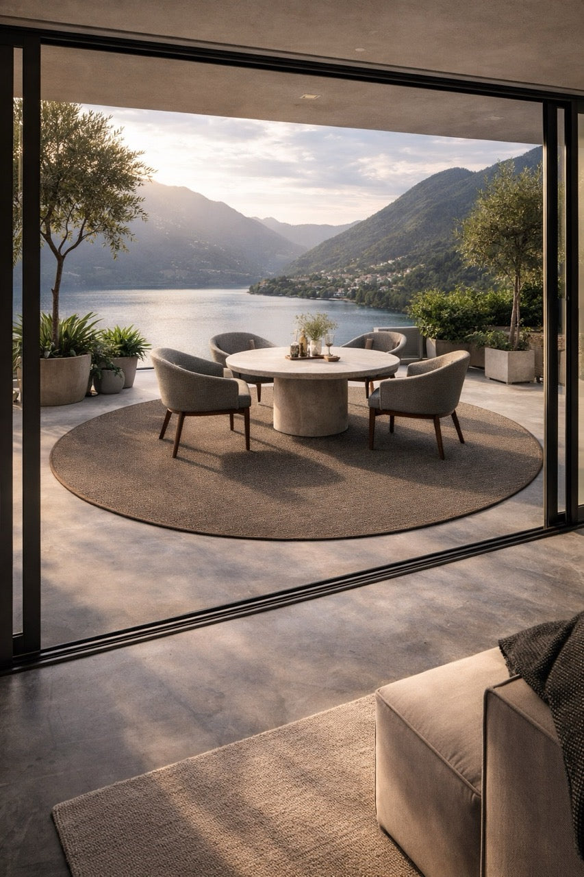 Outdoor teppich rund martin gabriel tabac braun auf terrasse mit seeblick und rundem tisch mit stühlen 