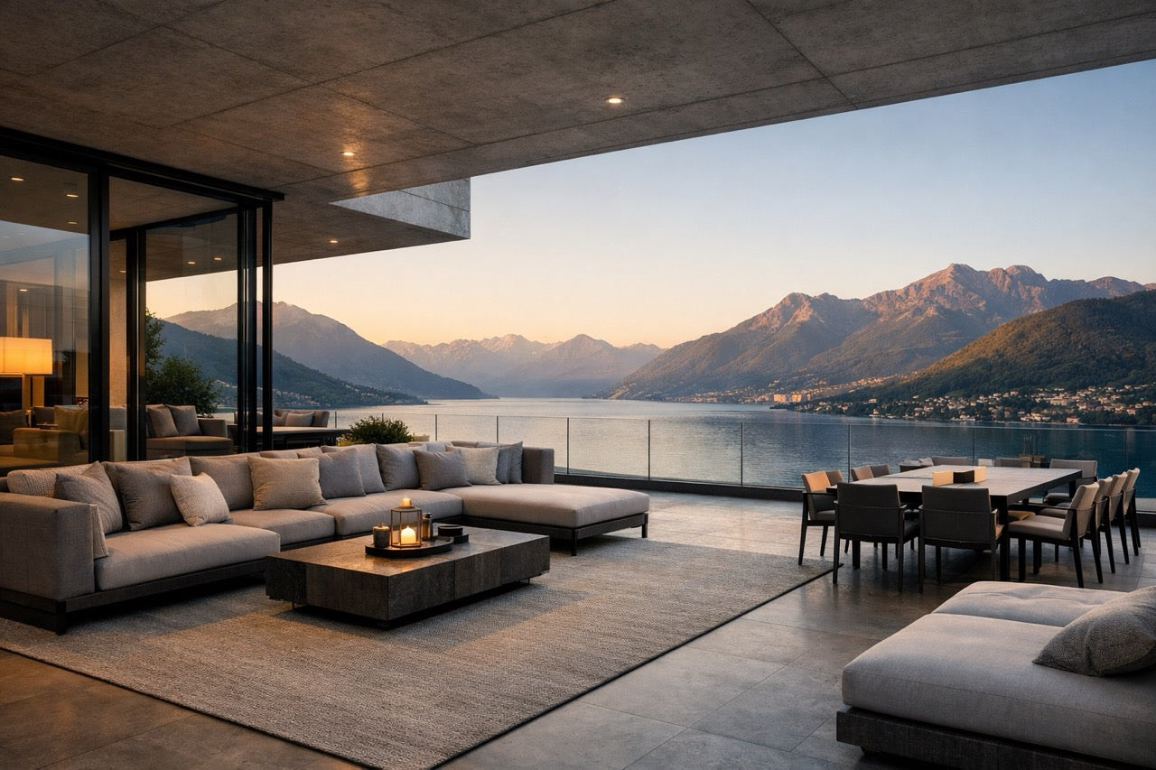 Martin Gabriel grosse Terrasse mit Sessblick und outdoormöbel mit Textilien 