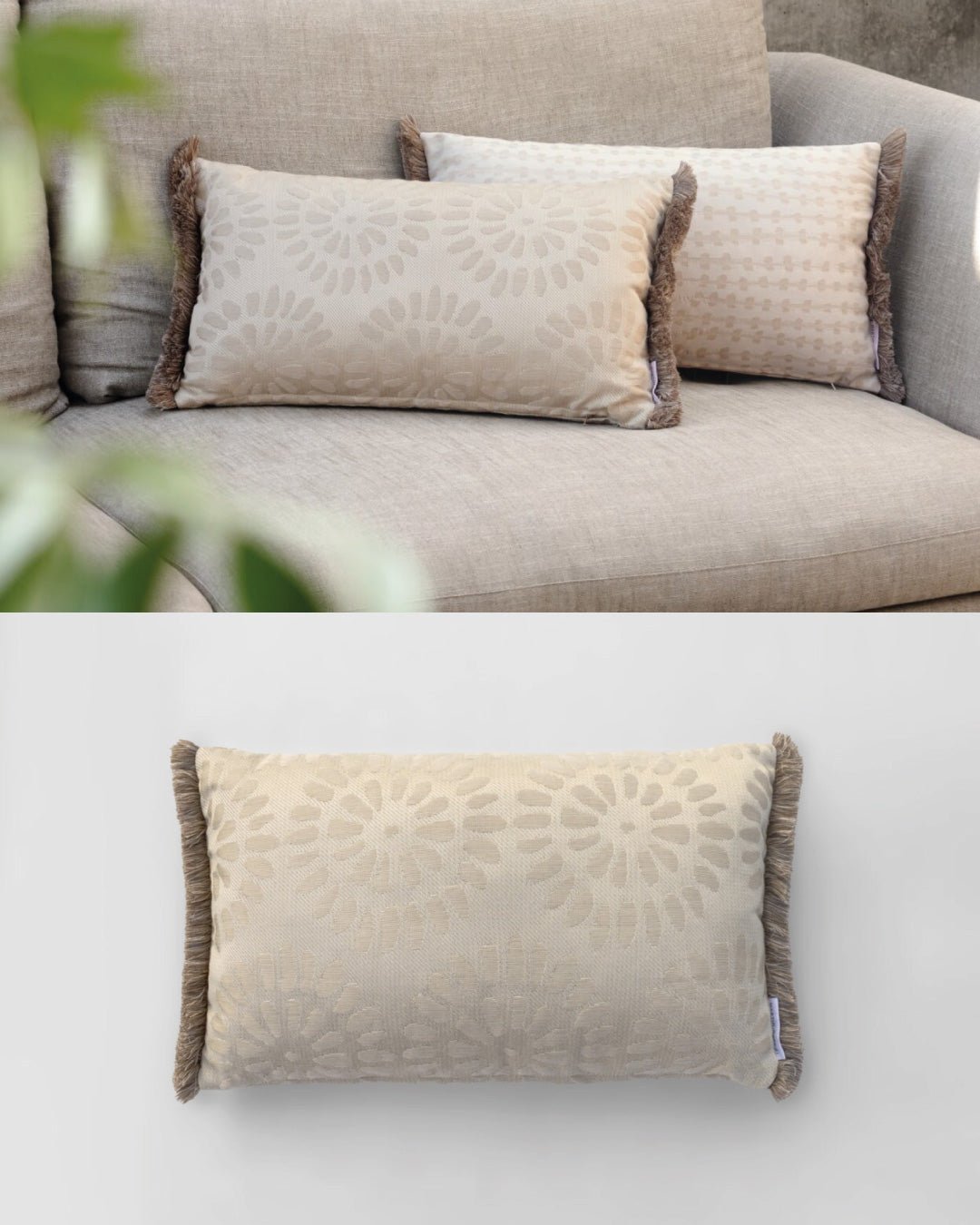 Martin Gabriel - Outdoorkissen Modell Morcote medium , zwei geteilte Fotos eins auf Sofa mit zwe sichtbaren Kissen und das untere ist mit weissen Hintergrund 